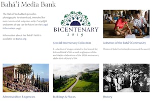 La página de inicio del Banco de recursos bahá'ís con la nueva colección del bicentenario