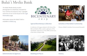 La página de inicio del Banco de recursos bahá'ís con la nueva colección del bicentenario
