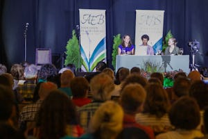 (From left) Esther Maloney, Kyle Schmalenberg, and Amelia Tyson speak on a panel about the media during the 43rd annual conference of the Association for Baha’i Studies in Ottawa, Ontario, Canada. (Credit: Monib Sabet)