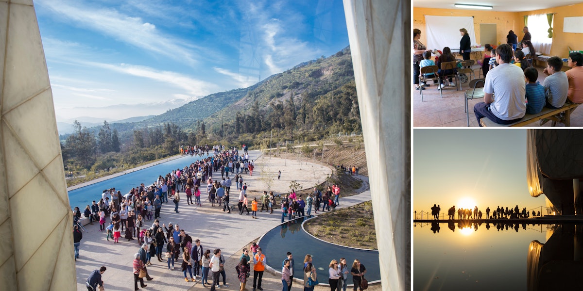 Un barrio en Los Ángeles, Chile, (arriba a la derecha) se ha centrado en la educación espiritual y el servicio generoso a la sociedad durante los últimos seis meses, que preceden al bicentenario. La Casa de Adoración de Santiago de Chile atrae a visitantes de la comunidad de la zona, deseosos de orar y meditar en el espacio sagrado.