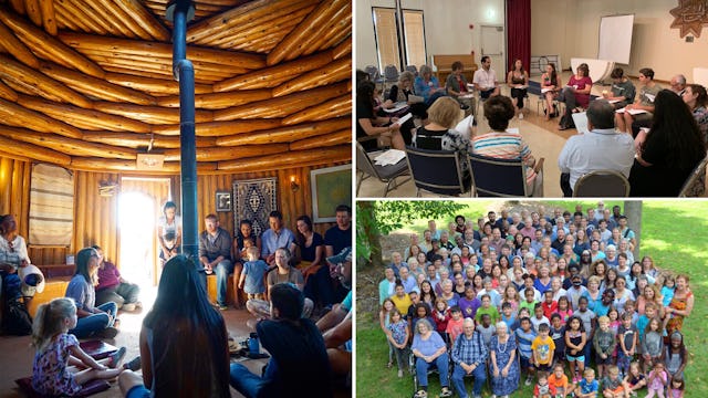 جوامع در سراسر کشور آمریکا در حال آماده شدن برای جشنهای دویستمین سالگرد تولد حضرت باب هستند. توضیح عکسها به شکل ساعتگرد از چپ: جلسهٔ دعایی در پریر هوگان (Prayer Hogan) در «موسسهٔ بهائیان بومی آمریکایی» (Native American Baha’i Institute) در ناواجو نیشن (Navajo Nation)، یک گردهمایی ویژه در دالاس و مدرسهٔ تابستانه بهائی در ایندیانا. این گردهماییها از جمله برنامههایی هستند که به مناسبت افزایش فعالیتهای جامعهسازی در دوران منتهی به جشنهای دویستمین سالگرد صورت میگیرند.