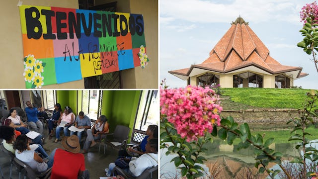 Des membres de la communauté se rencontrent pour un rassemblement sur le terrain de la maison de d’adoration bahá’íe à Agua Azul, en Colombie. Le groupe étudie et médite sur la vie du Báb.