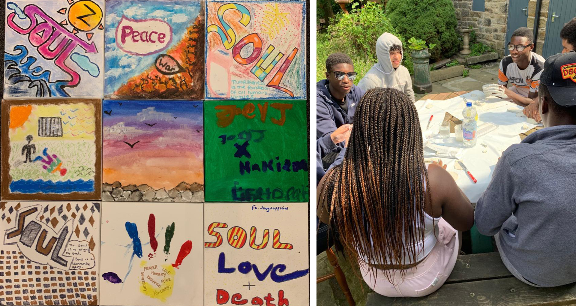 A camp for young people in Manchester, United Kingdom, included activities such as the preparation of the pieces of artwork on the left.