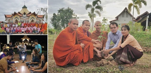 در معبد بهائی در باتامبانگ، کامبوج، جامعه محلی خود را برای دویستمین سالگرد آماده می‌کنند. معبد به تازگی گروهی از راهبان بودایی و دانشجویان دانشگاه (راست و بالا چپ) را پذیرفت تا آموزه‌های بهائی و دلالت‌های  آن را برای پیشرفت اجتماعی بررسی کنند. (پایین سمت چپ) جوانان همچنین برای تمرین آهنگ‌هایی که در جشن‌های آینده اجرا خواهند کرد، گرد هم آمده‌اند.