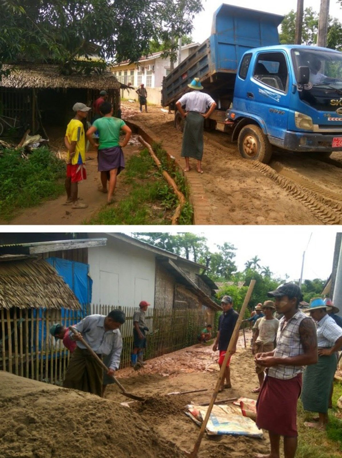 Community members in Daidanaw, Myanmar, repair a road in the village.