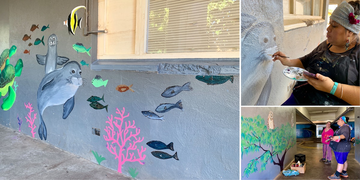 شرکت‌کنندگان در یک مدرسه تابستانهٔ بهائی در هاوائی، به عنوان یکی از برنامه‌ها جهت زیباسازی جوامعشان، نقاشی‌ دیواری‌های رنگارنگ با موضوع حیات در آب ترسیم می‌کنند.