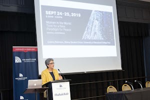 Hoda Mahmoudi, the holder of the Baha’i Chair for World Peace at the University of Maryland, College Park, speaks during a recent conference that highlighted the paramount principle of the equality of women and men.