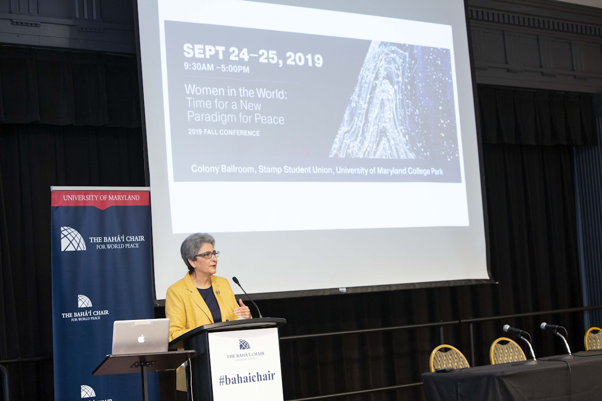 Hoda Mahmoudi, the holder of the Baha’i Chair for World Peace at the University of Maryland, College Park, speaks during a recent conference that highlighted the paramount principle of the equality of women and men.