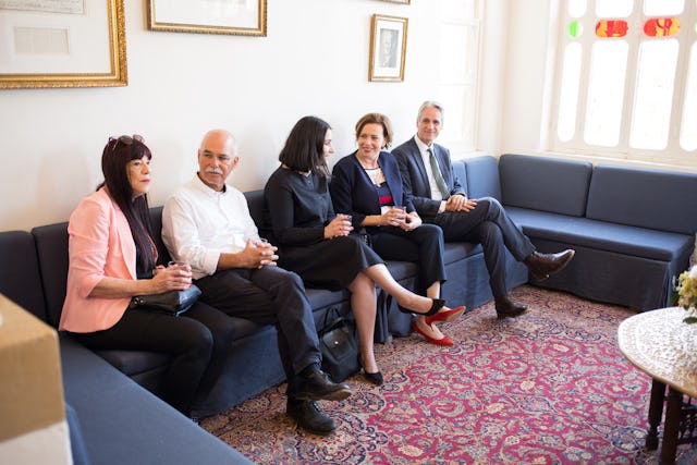 A reception for local leaders and dignitaries in the Haifa and Akka areas was held on Friday. Haifa Mayor Einat Kalisch-Rotem (second from the right) talks with Carmel Irandoust (center) from the Baha’i International Community in Haifa.