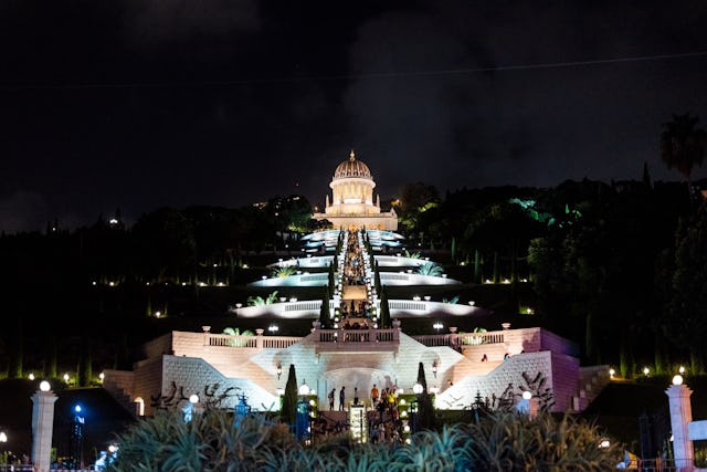 After sunset, the Shrine illuminated the mountainside in Haifa.