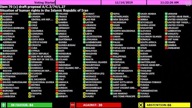 La Tercera Comisión de la Asamblea General de las Naciones Unidas aprobó hoy una resolución en la que expresa su profunda preocupación por los continuos ataques de Irán contra las minorías religiosas, entre ellas los bahá'ís, por un total de 84 votos a favor, 30 en contra y 66 abstenciones.