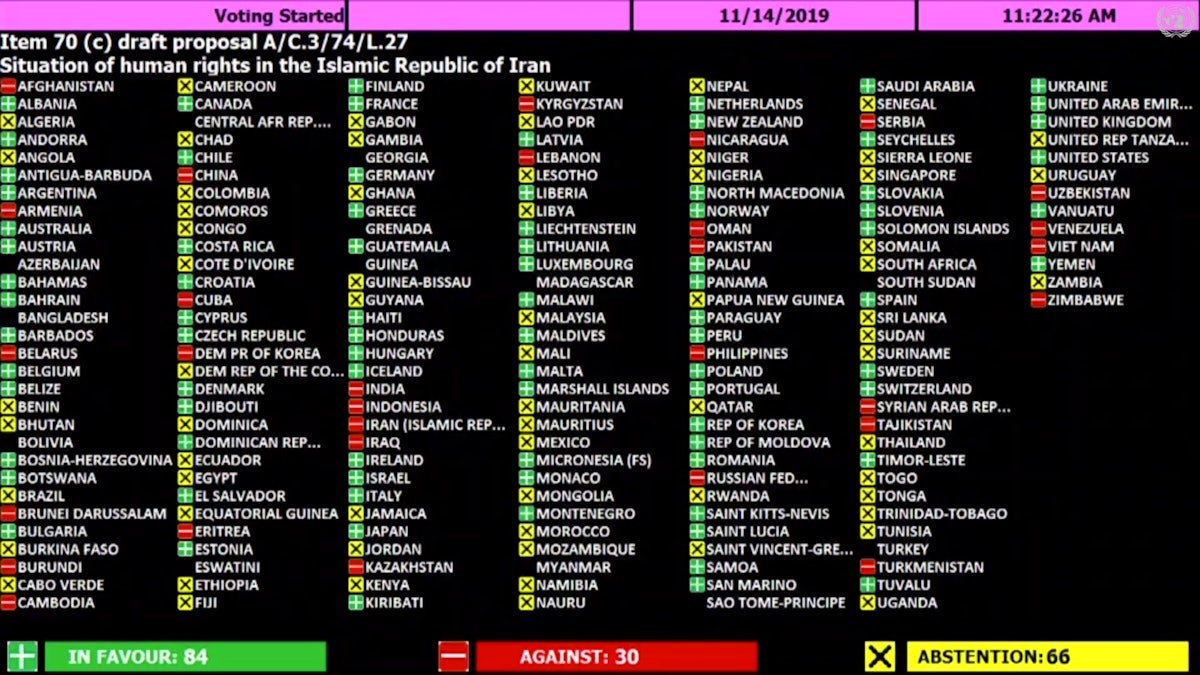 The Third Committee of the United Nations General Assembly today adopted a resolution that expresses its serious concern about Iran’s continued attacks against religious minorities, including the Baha’is, by a vote of 84 to 30, with 66 abstentions.