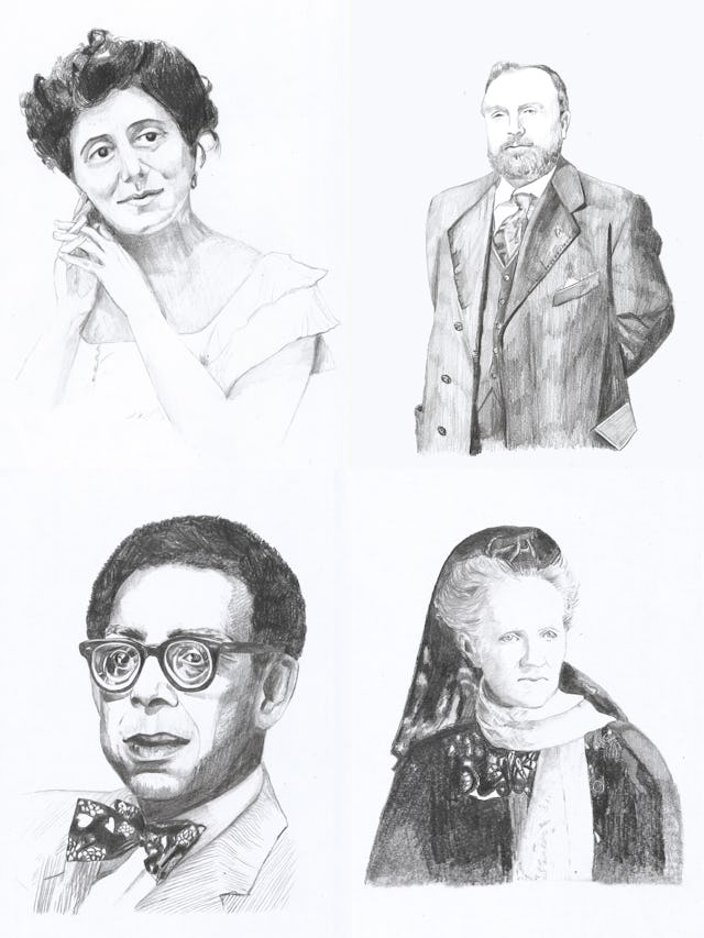 The article “Tales of Magnificent Heroism” includes a series of portraits of writers and artists who were impacted by the message of the Bab. The portraits shown here are (clockwise from top left) Isabella Grinevskaia, Jules Bois, Charlotte Despard, and Robert Hayden.