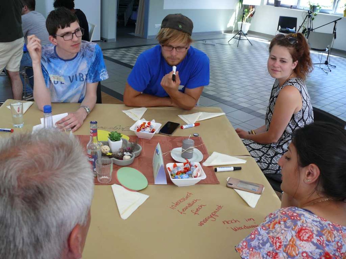 Participants in the workshop held in Teterow, Germany, explore the role of youth in society.