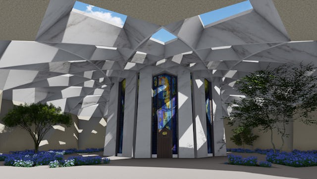 Presentación del anteproyecto del Santuario de ‘Abdu’l Bahá, que muestra la entrada principal del santuario.