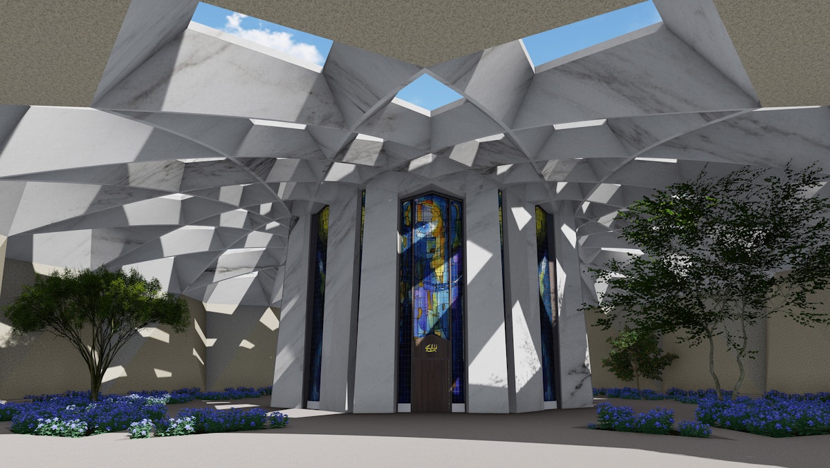 Presentación del anteproyecto del Santuario de ‘Abdu’l Bahá, que muestra la entrada principal del santuario.