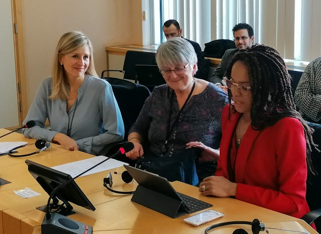 The European Parliament panel discussion on the role of language in fostering a shared identity was hosted by two members of the European Parliament Anti-Racism and Diversity Intergroup (ARDI)—Samira Rafaela (right) and Julie Ward (center)—and chaired by the BIC Brussels office—represented by Rachel Bayani (left).