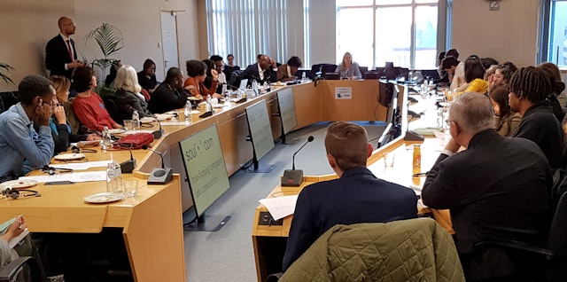 The Brussels office of the Bahá’í International Community (BIC) at a European Parliament panel discussion in January. The Brussels office lead a discussion on how institutions and civil society actors can develop language that at once respects diversity and fosters shared identity.