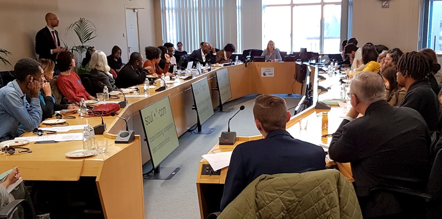 The Brussels office of the Bahá’í International Community (BIC) at a European Parliament panel discussion in January. The Brussels office led a discussion on how institutions and civil society actors can develop language that at once respects diversity and fosters shared identity.
