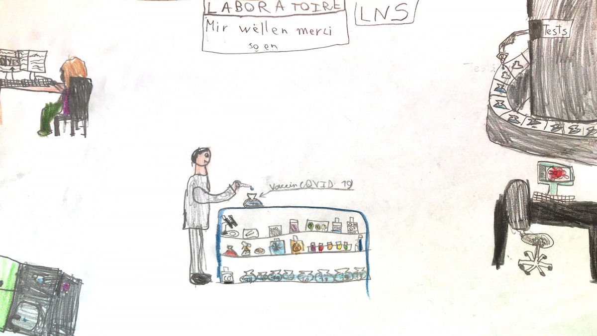 Drawing made by a child who participates in a Baha’i moral education class in Luxembourg, expressing thanks to the personnel of a nearby health laboratory.