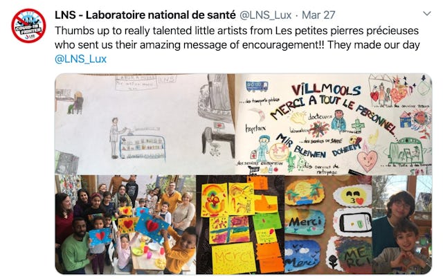 Un message posté sur Twitter par le Laboratoire national de santé de Dudelange, au Luxembourg, en remerciement pour les cartes et les dessins envoyés par les enfants qui participent à un cours d’éducation morale bahá’í.