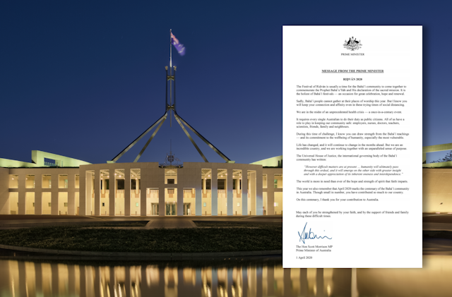 Un message envoyé à la communauté bahá’íe australienne par le Premier ministre Scott Morrison à l’occasion des fêtes du Ridván exprime sa gratitude pour les contributions que la communauté a apportées à la société au cours du siècle dernier et insiste sur le rôle qu’elle peut continuer à jouer au cours de cette crise. (Crédit pour l’image d’arrière-plan : Wikimedia/Thennicke CC BY-SA)