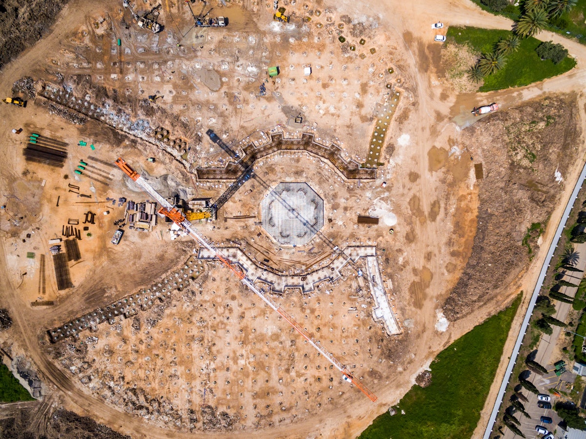 Aerial view of progress on the construction work for the Shrine of ‘Abdu’l-Baha.