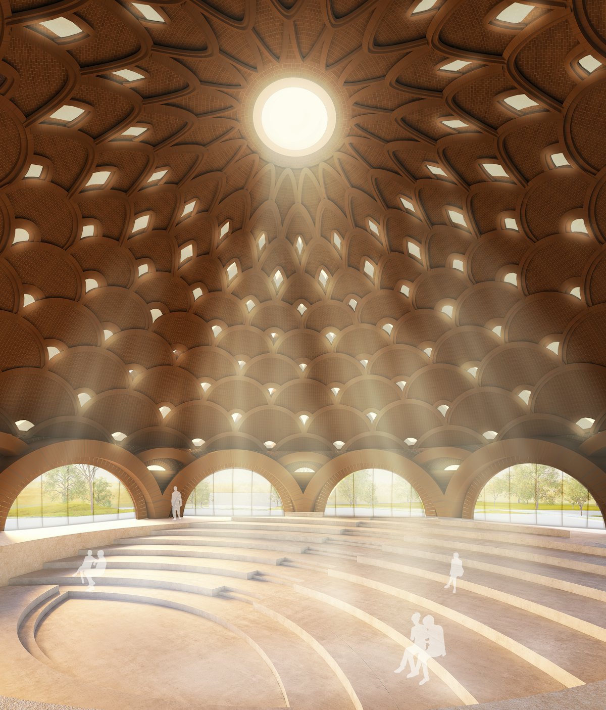 Openings at the center of the dome and in each ring of arches will reduce the weight of the ceiling while allowing gentle light to filter in.