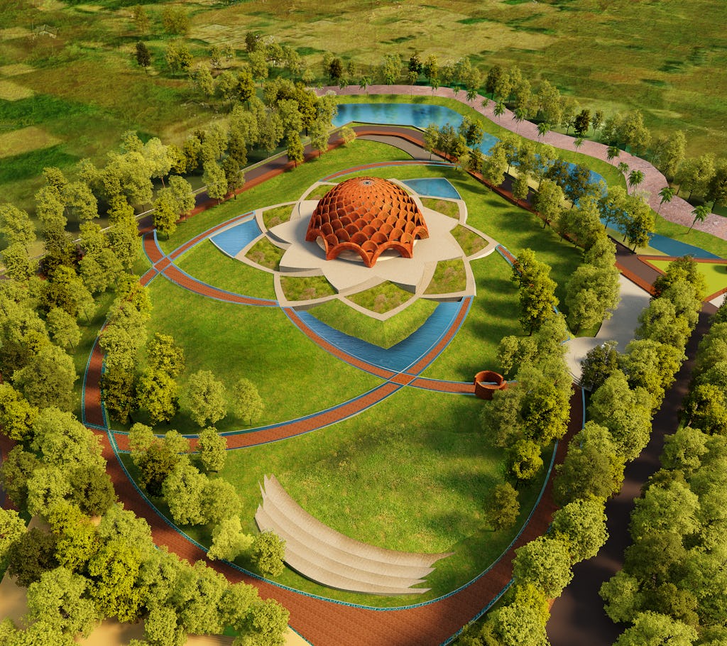 «Bihar es una tierra fértil y sus numerosos pueblos constituyen un escenario atemporal de la vida rural india ―afirma Suditya Sinha, uno de los arquitectos―. La Casa de Adoración emerge en este entorno rural exuberante. Inspirados en la arquitectura y artesanía tradicionales, decidimos emplear ladrillos fabricados con tierra de la zona. Tanto literal como metafóricamente, la tierra se moldea en la forma del templo».