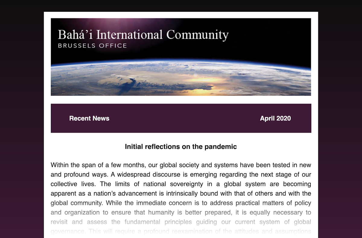La Oficina en Bruselas de la Comunidad Internacional Bahá'í (CIB) ha lanzado un boletín quincenal para dar mayor difusión a los aprendizajes que van surgiendo de sus iniciativas por contribuir a los discursos contemporáneos en Europa.