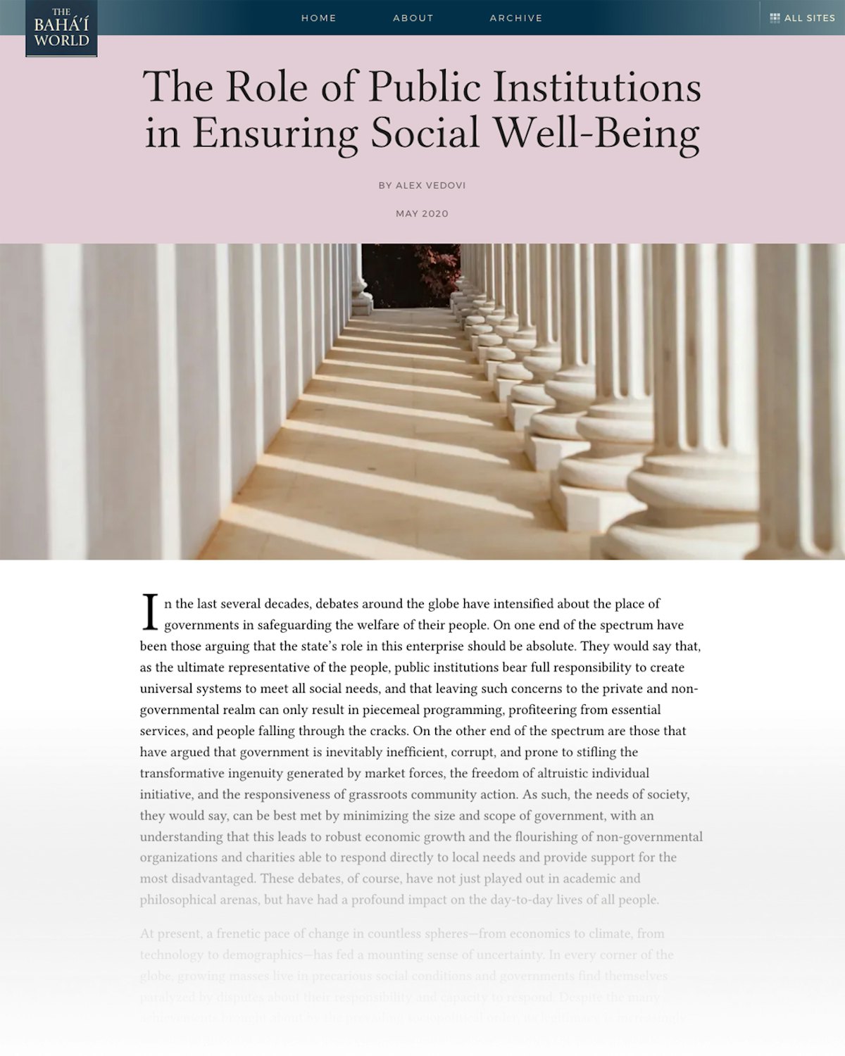 Un nouvel article sur le site web de The Baha’i World intitulé « Le rôle des institutions publiques dans la garantie du bien-être social » examine les questions relatives au rôle du gouvernement dans le bien-être social.