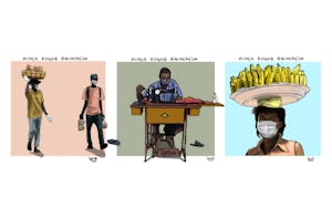 A youth in Dar es Salaam, Tanzania, uses digital artwork to encourage compliance with preventive health measures such as physical distancing. “I was motivated to shed light on the realities on the ground and share some health tips,” says the artist. “I wanted to show, through illustrations, how people are coping with the outbreak.”