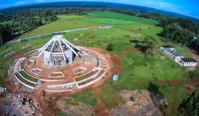 Aerial view of the central edifice and grounds of the local Baha’i House of Worship in Matunda, Kenya.