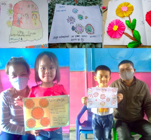 والدین به همراه فرزندانشان در مدارس الهام‌گرفته از آموزه‌های بهائی، در سوماترای شمالی در اندونزی، جایی که تدریس حضوری به حالت تعلیق درآمده است. معلمین مدارس محلی در این کشور برای رساندن تکالیف به دانش‌آموزان به خانهٔ آن‌ها می‌روند.