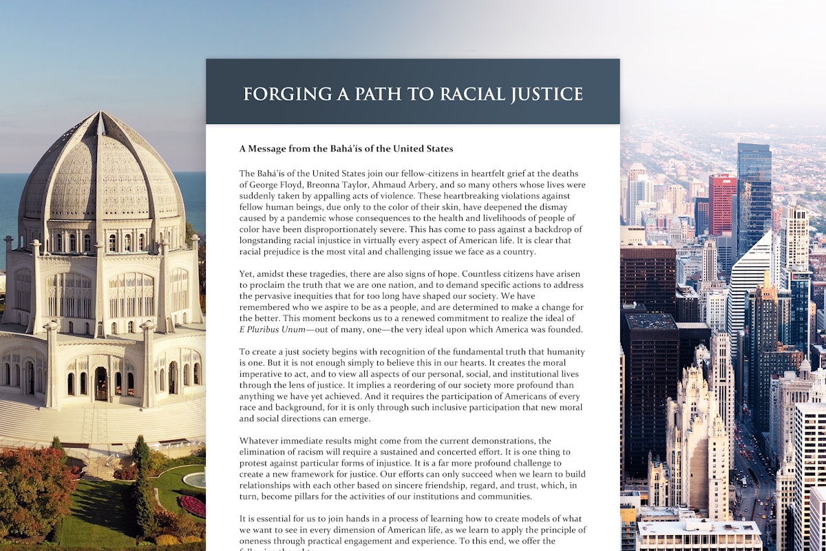 A public statement from the Baha’i National Spiritual Assembly of the United States on racial prejudice and spiritual principles essential for progress toward peace released days ago has already stimulated critical reflection across the country.  (Right: photo of the city of Chicago by Erol Ahmed on Unsplash)