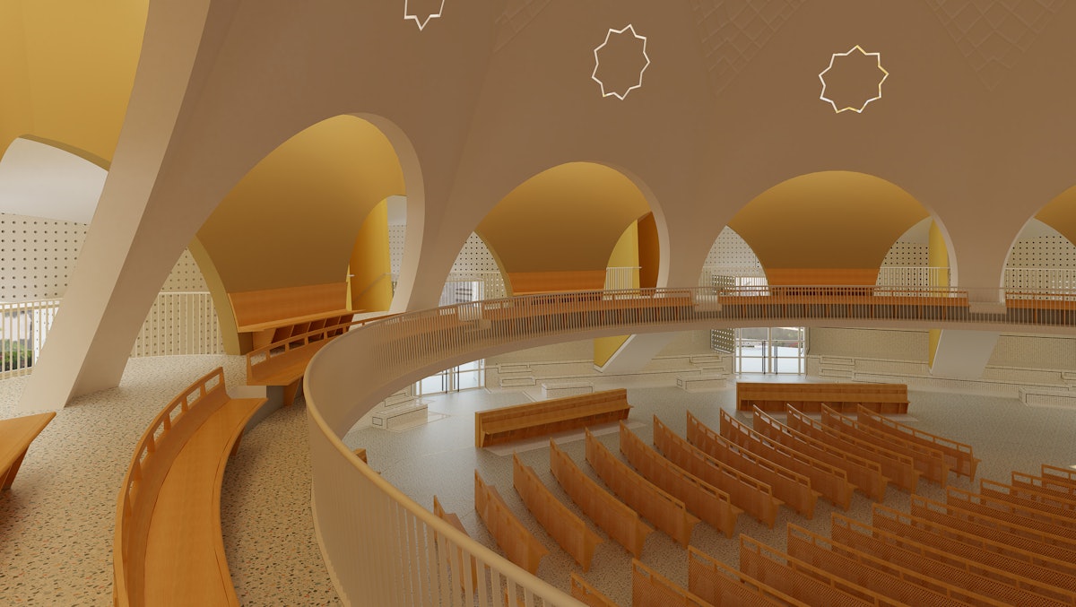 Panorámica del interior del diseño de la Casa de Adoración bahá’í nacional que se construirá en la República Democrática del Congo.