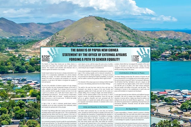 The National Spiritual Assembly of the Baha’is of Papua New Guinea have issued a statement on the equality of women and men, speaking to a global concern that has been exacerbated during the pandemic.