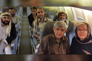 Six Baha’is are in a safe location where they can recuperate after enduring extremely difficult conditions for three to nearly seven years in prison, pictured left to right: back row: Mr. Waleed Ayyash, Mr. Wael al-Arieghie; middle row: Mr. Akram Ayyash, Mr. Kayvan Ghaderi, Mr. Hamed bin Haydara; front row: Mr. Badiullah Sanai. Also pictured is Mr. Sanai’s wife, Mrs. Faezeh Sanai.