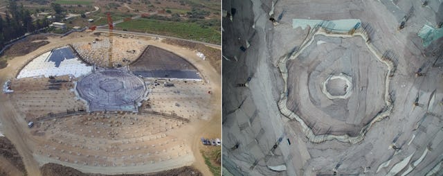 The foundations of the edifice have now been laid and construction is approaching a new stage. Within the wider circle of the site, the base is being laid for the sloping gardens that will rise from the encircling path to culminate over the spot where the sacred remains of ‘Abdu’l-Bahá will rest.