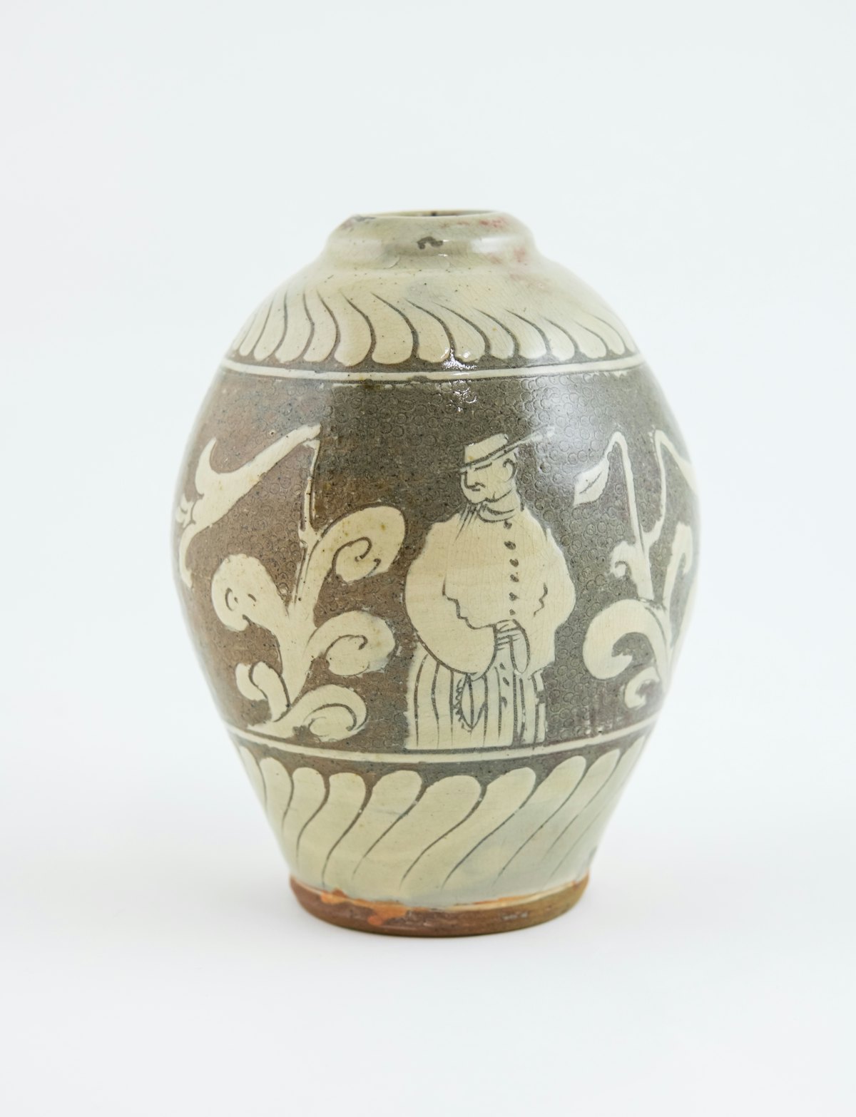 A vase by Bernard Leach, titled ‘Solomon among the Lilies’, on show in the Kai Althoff Goes with Bernard Leach exhibition at the Whitechapel Art Gallery, London. Image courtesy of Leicester Museums © Bernard Leach Estate.
