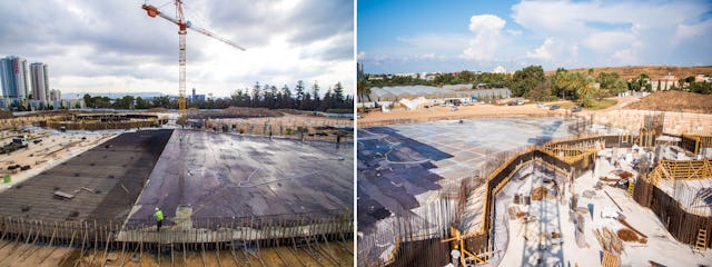 As with the central foundations, many support piles were driven deep into the ground, and these are now being capped with a layer of reinforced concrete in several stages to create platforms for the landscaping berms.