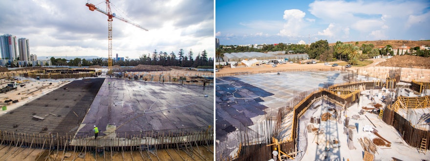 Comme pour les fondations centrales, de nombreux pieux de soutien ont été enfoncés profondément dans le sol, et ceux-ci sont maintenant recouverts d’une couche de béton armé coulée en plusieurs étapes pour créer des plates-formes pour les talus d’aménagement paysager.