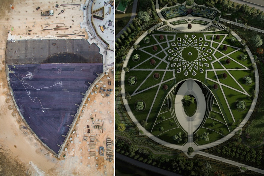 The design of the Shrine incorporates two sloping berms enclosing the central plaza. An intricate trellis above the plaza connects the berms to the inner part of the structure. A concrete platform is being prepared for each berm, providing stability to the landscaping that will sit above.