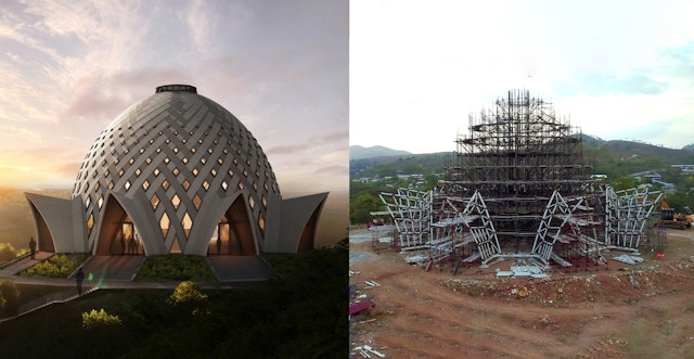 A virtual rendering of the design for the national Bahá’í House of Worship of Papua New Guinea (left) compared with recent progress on the structure (right).