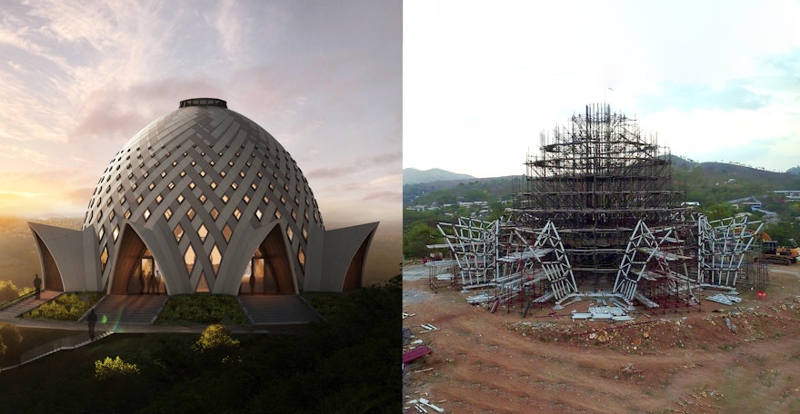 Représentation virtuelle du projet de la maison d’adoration bahá’íe nationale de Papouasie-Nouvelle-Guinée (à gauche) comparée aux progrès récents de la structure (à droite).