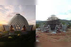 Una representación virtual del diseño de la Casa de Adoración Bahá'í de Papúa Nueva Guinea (izquierda) comparada con los recientes avances en la estructura (derecha). Una intrincada estructura de acero para el edificio central esboza el singular diseño trenzado del exterior.