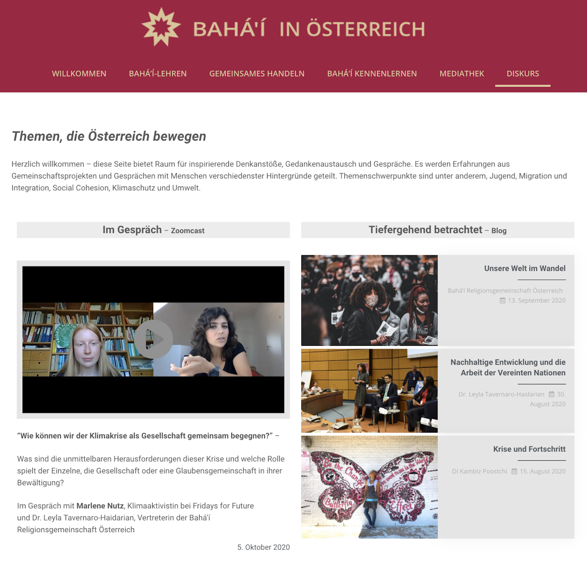 The vlog in German can be found at https://www.bahai.at/diskurs/.