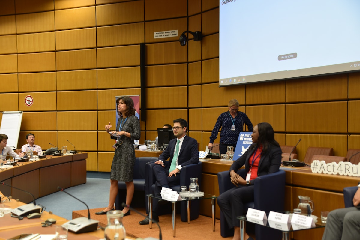 Photograph taken before the current health crisis. Leyla Tavernaro represents the Austrian Bahá’í community at a UN conference on crime prevention and criminal justice in Vienna in October 2019.