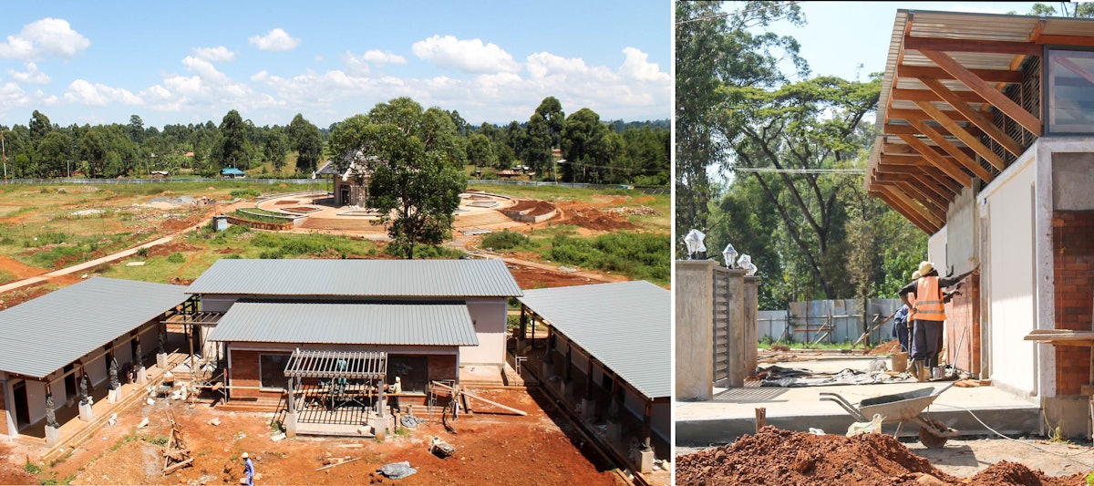 Left: The reception center with the central edifice visible in the background. Right: Work continues on one of the ancillary buildings that will provide services to visitors.