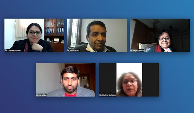 Panelists at the seminar. Top: Carmel Tripathi of the Bahá’í Office of Public Affairs; Anshu Gupta, founder of the relief organization Goonj; Anuja Agrawal, a professor of sociology at the University of Delhi. Bottom: Murari Jha, educator in Delhi government schools; Stuti Narain Kacker, former chairperson of the National Commission for the Protection of Child Rights.